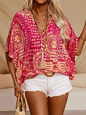 cheap Floral Blouses-Women's Blouse Print Floral Graphic Bohemia Vintage Casual 3/4 Length Sleeve V Neck Regular Tops Daily Black Red Orange Green Summer Spring Fall