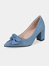 billige 1950-tallet-Lyseblå damepumps med sløyfe og blokkhæl – vintage spisse denim-hæler fra 1950-tallet til kontor, bryllup og hverdagsbruk