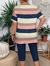 abordables Ensembles courts pour femmes-Femmes Mode T-shirt Ensembles de Shorts Manche Courte Col en V Graphique Rayé Imprimé Décontracté Quotidien Rose Claire Violet Vert Été Coupe régulière