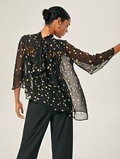 economico Bluse e camicie-Per donna Femminile Camicia casual A Pois Casuale Manica del polsino svasato Nero annodata Elegante Bohemien Vacanza Collo Alto Estate Primavera Autunno