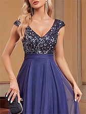 economico BLU-Abiti per Quinceanera A-Line elegante abito formale per matrimonio lunghezza del pavimento senza maniche scollo a V tulle con schiena a V e paillettes