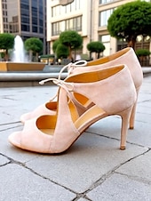 abordables Sandales de Robe-Escarpins à lacets et bout ouvert en daim beige pour femmes, sandales à talons hauts découpées pour les rendez-vous décontractés et les sorties quotidiennes
