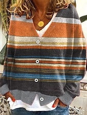 ieftine Cardigane și îmbrăcăminte exterioară-Pentru femei Pulover Bluza Modă Șic Stradă Casual Grafic Geometric Plisat În V Nasturi Tricotat Imprimeu Manșon Lung Topuri obișnuite Tricotat În aer liber Zilnic Sfârșit de săptămână Negru