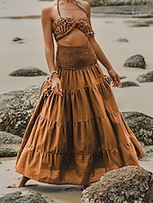 abordables Jupes unies-Femmes Jupe Évasé Occasionnel Maxi Taille Basse Jupes Uni Froncé Micro-Élastique Vacances Rue Noir Blanche Jaune Vert Véronèse Automne Coton
