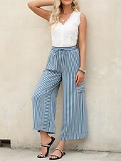 abordables pierna ancha y cintura alta-Mujer Perneras anchas Chinos Moda Ropa de calle Longitud total Alta cintura A Rayas Bolsillo Cintura elástica Estampado Confortable Suave Cómodo Microelástico Exterior Calle Azul Naranja Marrón Verde