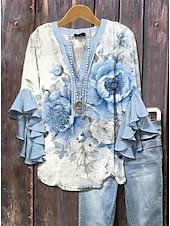 preiswerte Blumenoberteile-Damen Bluse V-Ausschnitt Blumen Grafik Elegant Bohemia Ethnisch 3/4 Länge Ärmel Reguläre Tops Täglich Urlaub Ferien Kleidung Rüsche Print Pink Blau Grün Khaki Sommer Frühling Herbst