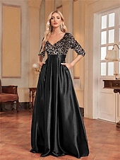 cheap BLACK-A-Line Quinceanera Dresses Elegant Dress Formal Wedding Floor Length Long Sleeve V Neck Polyester with Sequin