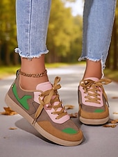 economico Sneakers da donna-Sneakers da donna verdi con lacci: scarpe casual ispirate al retrò con dettagli a contrasto bianchi per passeggiate, scuola e commissioni quotidiane
