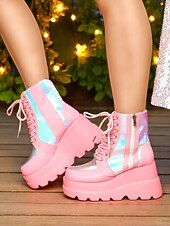 baratos Festa da Vida Noturna-Botas de combate femininas plataforma rosa, botas de cano curto holográficas com cadarço e salto grosso com zíper lateral, estilo de rua ousado para vida noturna e roupas de festa
