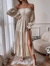 preiswerte Frauen schwarzes Kleid-Damen Langes Kleid Maxikleid Schößchen Kleider Mode Modern Outdoor Urlaub Ferien Normale Passform Einfach Dreiviertelarm Schulterfrei Schwarz Rote Beige Sommer