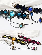 billige Halloween-tilbehør-gotisk blonderarmbåndsring satt med rød edelsten, vintage kjedehåndsmykke til halloweenfest, cosplay og antrekk i retrostil