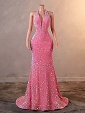 cheap Evening Dresses-Mermaid / Trumpet Evening Gown Elegant Dress Formal Prom Court Train Sleeveless V Neck Sequined with Sequin
