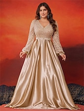 billige champagne-A-Line Plus Size Kjoler Elegant Kurve Kjole Formell Bryllup Gulvlengde Lang Erme V-hals Satin med Plisseringer