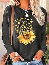 billige Blomster t-skjorte-Dame T skjorte Blomstret Grafisk Årgang Stilfull Klassisk Langermet Crew-hals Rund hals Vanlige topper Daglig Helg Trykt mønster Svart Kakifarget Grå Sommer