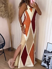 preiswerte Streifen- und geometrische Kleider-Damen Maxikleid Etui-Kleid Unterkleid Urlaub Lässig Boho Outdoor Ausgehen Normale Passform Geometrisch Ärmellos Spaghettiträger Gelb Wein Purpur Grün Sommer