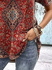 billige Boho t-skjorte-Dame T skjorte Grafisk Paisly Planter Bohem Årgang Mote Kortermet V-hals Vanlige topper Daglig Ut på byen Helg Trykt mønster Rødbrun Sommer Vår