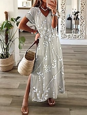 preiswerte Blumenkleider-Damen Maxikleid Freizeitkleid Sommerkleid A Linie Kleid Elegant Urlaub Lässig Strand Normale Passform Blumen Grafik Kurzarm V Ausschnitt Hellgrün Grau Sommer Frühling