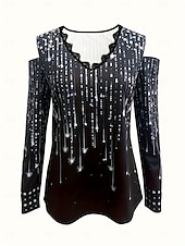 billige Sexy topper for kvinner-Dame Bluse Daglig Stilfull Langermet V-hals Vanlige topper Daglig Ferie Ut på byen Utskjæring Trykt mønster Svart Blå Lilla Sommer Vår