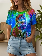 preiswerte Tiere T-Shirt-Damen T Shirt Blumen Grafik Tiermotiv Vintage Stilvoll Klassisch Kurzarm Rundhalsausschnitt Rundhals Normale Oberteile Täglich Wochenende Druck Gelb Rote Blau Purpur Grün Sommer Frühling