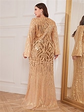 cheap CHAMPAGNE-Mermaid / Trumpet Plus Size Dresses Elegant Curve Dress Formal Wedding Floor Length Long Sleeve V Neck Polyester with Sequin