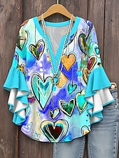 cheap Art&amp;Design Tops-Women&#039;s Blouse Heart Graphic Bohemia Vintage Daily 3/4 Length Sleeve V Neck Regular Tops Daily Holiday Print Red Blue Purple Green Summer Spring Fall