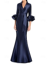 preiswerte SCHWARZ-schwarz-weißes Abendkleid Meerjungfrau/Trompete Abendkleid elegantes Kleid formelle Hochzeit bodenlang Halbarm Hemdkragen Stretch-Satin mit Rüschen 2025