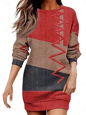 voordelige Boho Jurk-Dames Mini-jurk Hemdjurk Casual Vakantie Feestdagen Uitgaan Normale pasvorm Bloemig Grafisch Geometrisch Lange mouw Strakke ronde hals Roestig rood Paars khaki Herfst Winter