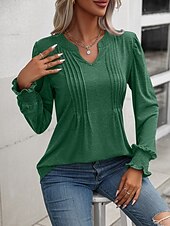 abordables Hauts Unis pour Femmes-Femmes Chemisier Couleur Unie Élégant Occasionnel manche longue Col en V Hauts Réguliers Quotidien Froncé Noir Rose Claire Fuchsia Vert Été Printemps