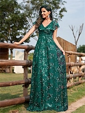 abordables Champagne-Robes de quinceanera en forme A Robe élégante Robe de mariage formelle longueur sol manches courtes col en V sequins dos en V avec sequins