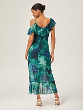 abordables Robes fleuries élégantes-robe midi nouée sur le devant à volants en mousseline