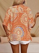 cheap Floral Blouses-Women's Blouse Print Floral Graphic Bohemia Vintage Casual 3/4 Length Sleeve V Neck Regular Tops Daily Black Red Orange Green Summer Spring Fall
