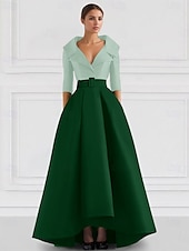 cheap BLUE-Blue Red A-Line Satin Formal Evening Gown Elegant Fall Wedding Guest Dress Tuxedo Dress Asymmetrical 3/4 Length Sleeve Shirt Collar with Pocket