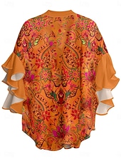 abordables Tops Boho-Mujer Blusa Volante Estampado Floral Elegante Moderno Manga 3/4 Escote en Pico Tops regulares Diario Festivos Azul Piscina Rosa Naranja Verde Trébol Verano