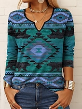 billige Boho t-skjorte-Dame T skjorte Grafisk Geometrisk Årgang Stilfull Klassisk Langermet Hals med hakk Vanlige topper Daglig Helg Trykt mønster Rød Blå Lilla Grønn Vår Høst