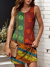 billige Boho-kjoler-Dame Mini kjole Solkjole Kjole med A-linje Sommerkjole Ferie Fritid Bohem Bryllup utendørs Hjem Normal Blomstret Grafisk Geometrisk Ermeløs U-hals Rød Sommer Vår