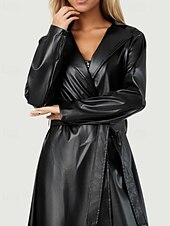 preiswerte Kunstlederjacken-Damen Trenchcoat Warm Bequem Tasche Aktiv Mode Einfach Ausgehen Wochenende Offene Vorderseite Lang Umlegekragen Normale Passform Langarm Oberbekleidung Schwarz Herbst Winter