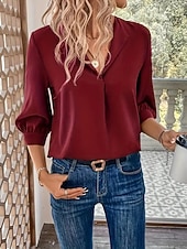 abordables Blusas Sencillas-Mujer Blusa Color sólido Elegante Básico Casual Manga 3/4 Cuello Camisero Tops regulares Oficina Trabajo Negro Vino Verde Trébol Verano Primavera Otoño