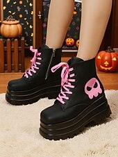 baratos Para mulheres-Botas de combate femininas góticas plataforma - botas pretas grossas de amarrar no tornozelo com caveira rosa para cosplay, Halloween e streetwear punk