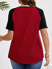 cheap Plus Size T Shirts-Women&#039;s Plus Size Tops T Shirt Solid Color Patchwork Short Sleeve V Neck Casual Daily Polyester Summer Spring Red Blue