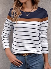 billiga Randig och geometrisk t-shirt-Kvinnors T-shirt Crew Neck Långärmad Tunika Grafik Randig Stilren Klassisk Casual Regelbundna Toppar Dags Helgtryck Svart Mörkblå Grön Grå Höst