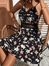 abordables Robes fleuries décontractées-Femmes Mini Robe Robe Fleurie Robe d&#039;été Robe Nuisette Robe Imprimée Classique Moderne Vacances Sortir Week-end Coupe régulière Fleur Sans manches Bretelles spaghetti Noir Bleu de minuit Été