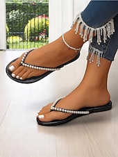 cheap Slide Sandals-Women's Pearl Embellished Flip Flop Sandals - Casual Chic Thong Flats for Daily Outings and Summer Dates