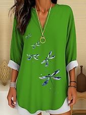 abordables Animaux Tops-Femmes Chemisier Graphique Animal Libellule Bohème ancien Tropical manche longue Col en V Hauts Réguliers Quotidien Fête Tenue de plage Imprimé Noir Blanche Rouge Bleu Violet Été Printemps