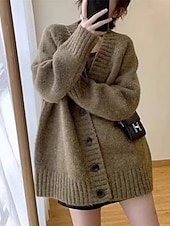 preiswerte Einfarbiger Cardigan-Damen Pullover Strickjacke Mode Einfarbig Gerippt V Ausschnitt Knöpfe Gestrickt Langarm Normale Oberteile Stricken Täglich Ferien Ausgehen Schwarz Dunkelgray Herbst