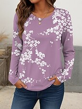 billige Blomster t-skjorte-Dame T skjorte Blomstret Grafisk Planter Årgang Stilfull Fritid Langermet Crew-hals Vanlige topper Daglig Helg Trykt mønster Blå Dusty Blue Lilla Grønn Sommer