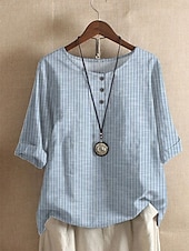 economico Top a Righe e Geometrici per Donne-Per donna Camicie di cotone e lino Floreale A righe Essenziale Casual Mezza Manica Girocollo Top Regolari Quotidiano Stampato Nero Bianco Blu Azzurro cielo Verde Estate