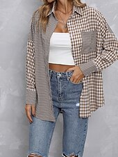 economico Giacche per camicie-Per donna Camicia Blusa Plaid Moderno Casual Manica Lunga Colletto a Camicia Top Regolari Quotidiano Uscire Tasca Bottoni Viola Marrone Autunno