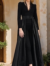 baratos Macacões da mamãe-Macacão  Conjunto Mãe da Noiva Macacão Saia Sobressalente Elegante Simples Minimalista Decote em V Comprimento do Chão Comprimento do Tornozelo Cetim Crepe Tecido Elástico Manga Longa com Renda