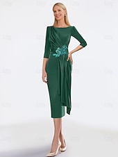 preiswerte Teelänge-Sheath-Kleid Mutter der Braut Kleid Elegantes Juwelenausschnitt Tee-Länge Satin Halbe Ärmel mit Falten einfarbig kostenlose Anpassung