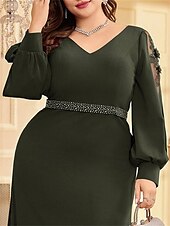 preiswerte BLAU-A-Linien Plus Size Kleider Elegantes Kurvenkleid Formelles Hochzeitsbodenlänges Langärmel V-Ausschnitt Chiffon mit Perlen 2025